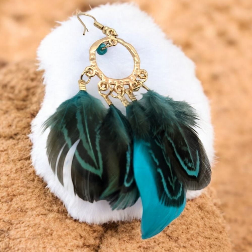 Teal Feather Tassel Earrings Boho Tribal Statement Western Gypsy Dangle Jewelry - Picture 3 of 5